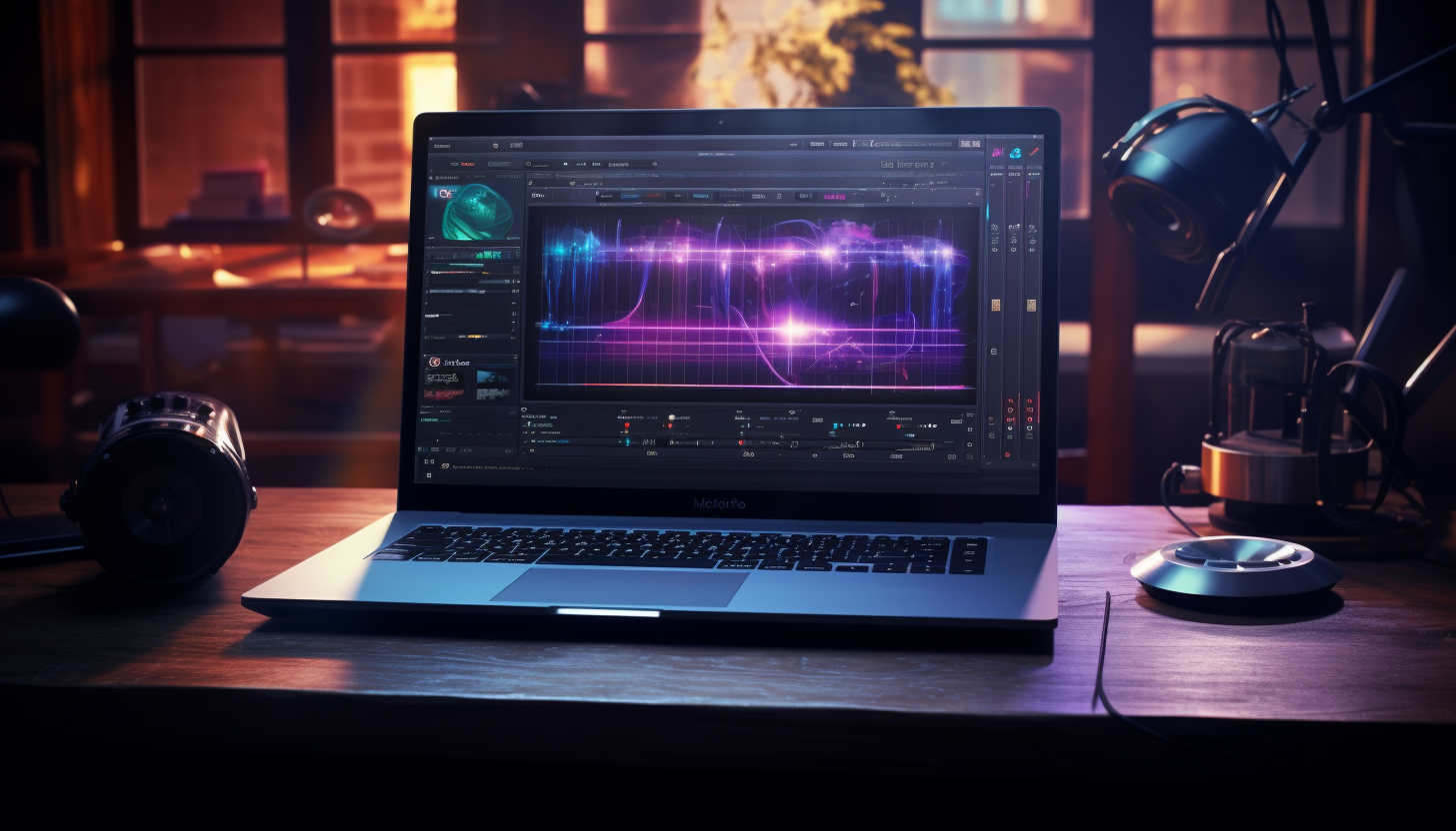 A sleek laptop with music production software