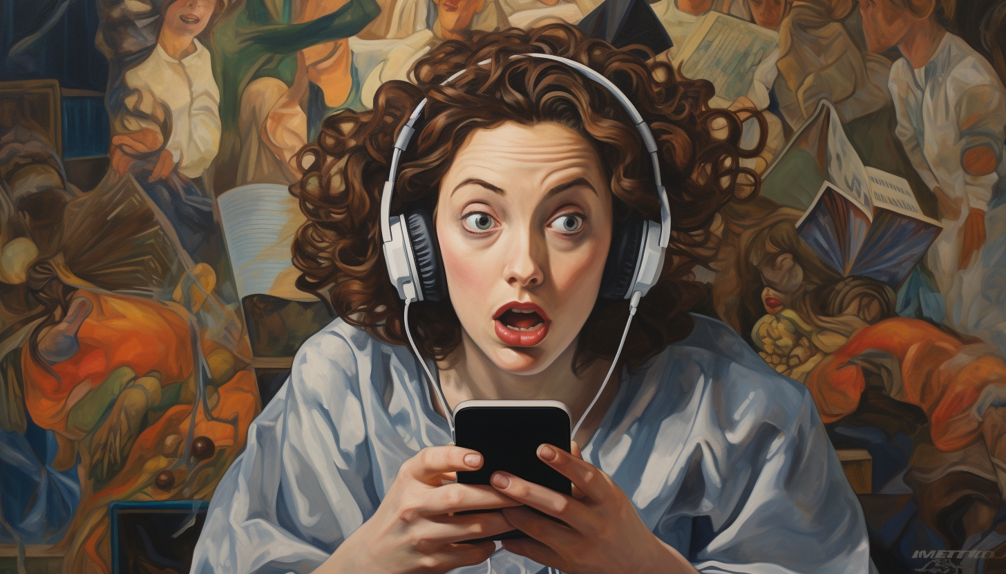 Surprised woman listens to music