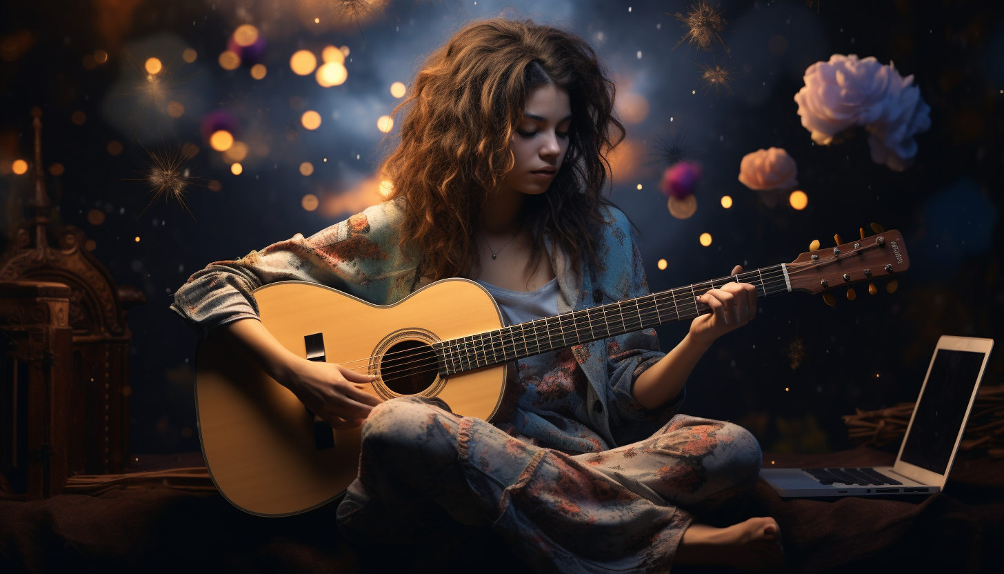 woman writing a song with guitar
