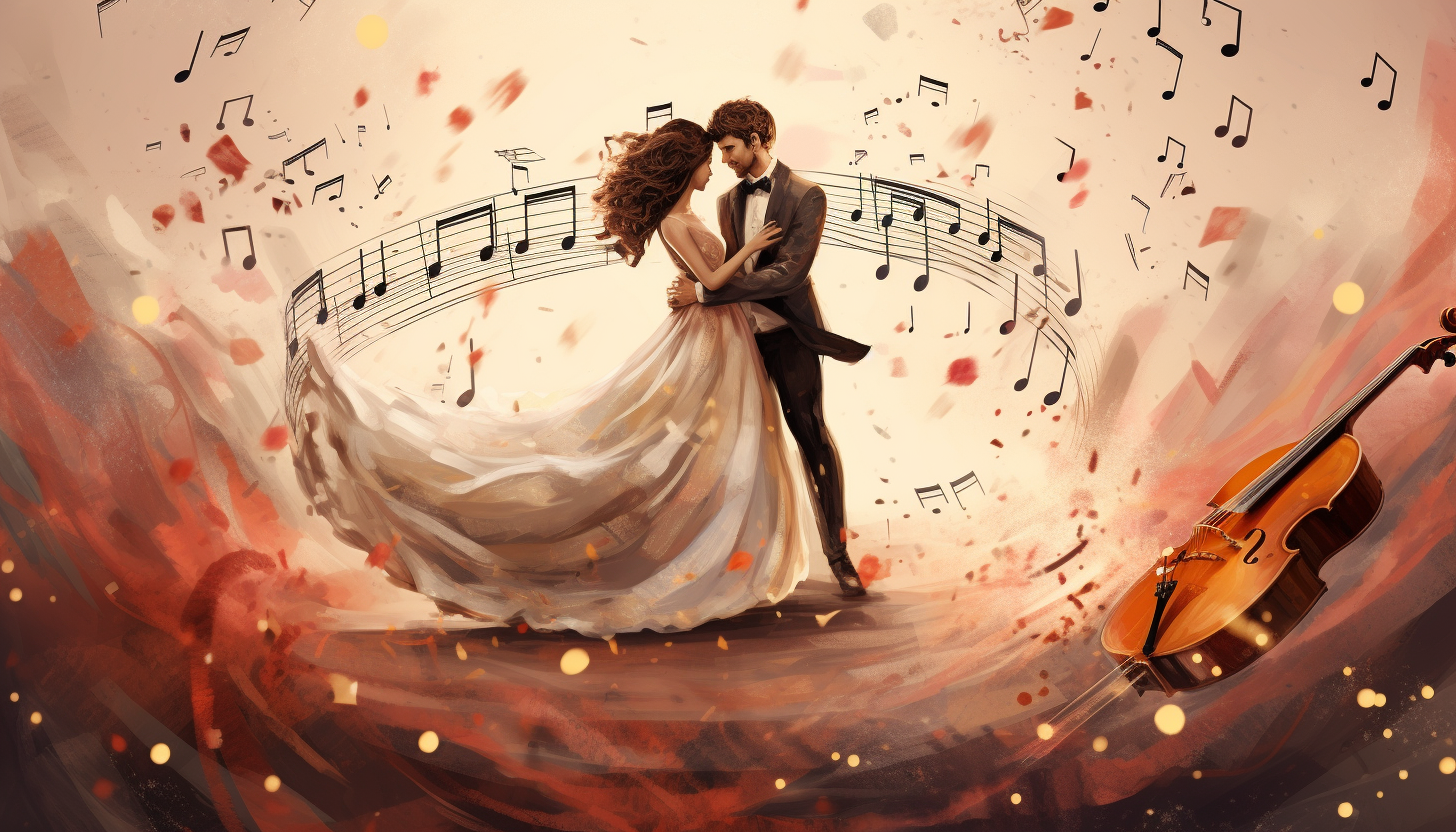 man and woman getting married with music notes